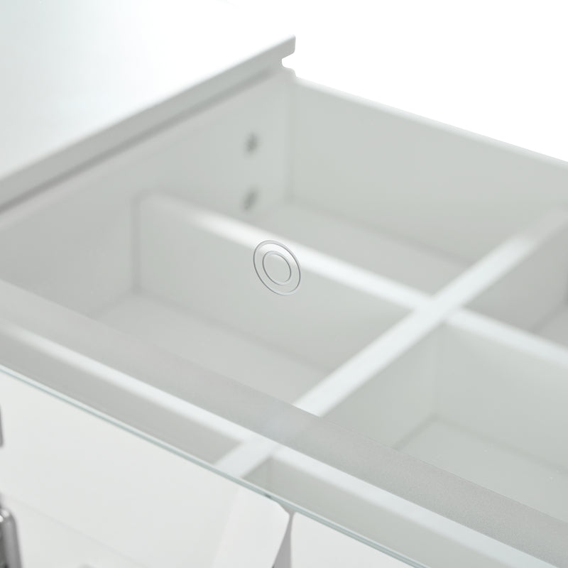 Coiffeuse ou bureau pivotant blanc avec 6 tiroirs, étagères ouvertes et miroir éclairage LED 105x40x80cm CARROIL