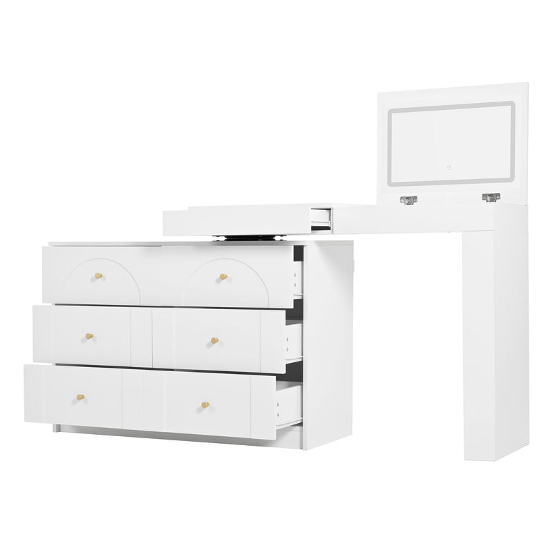 Coiffeuse ou bureau pivotant blanc avec 6 tiroirs, étagères ouvertes et miroir éclairage LED 105x40x80cm CARROIL