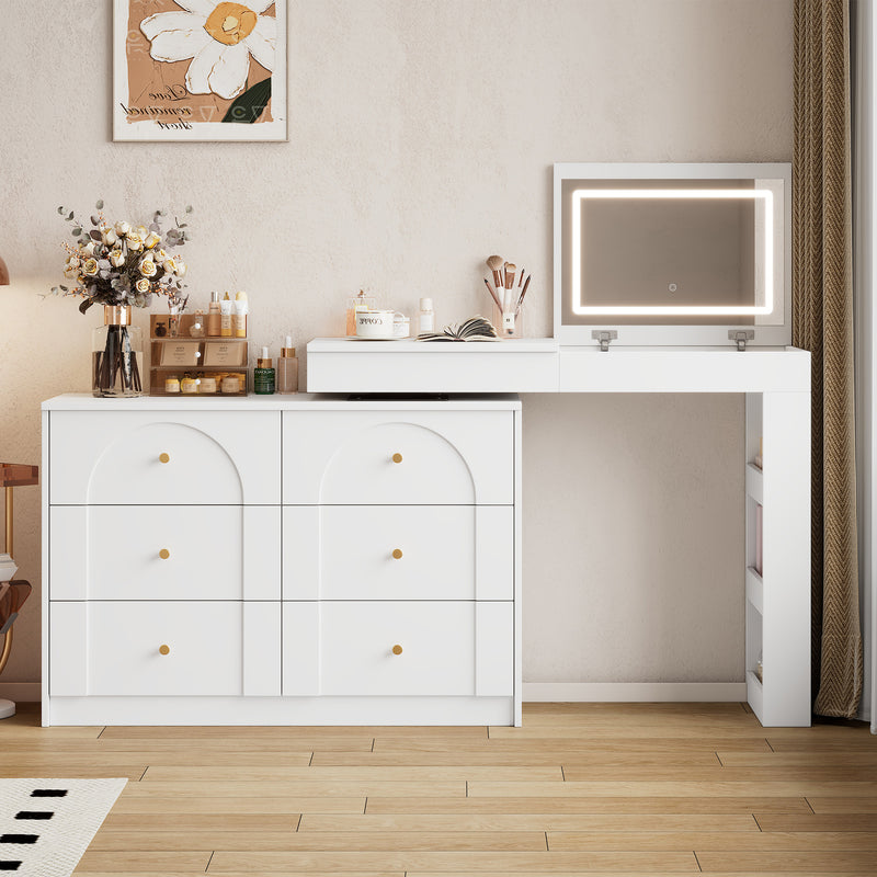 Coiffeuse ou bureau pivotant blanc avec 6 tiroirs, étagères ouvertes et miroir éclairage LED 105x40x80cm CARROIL