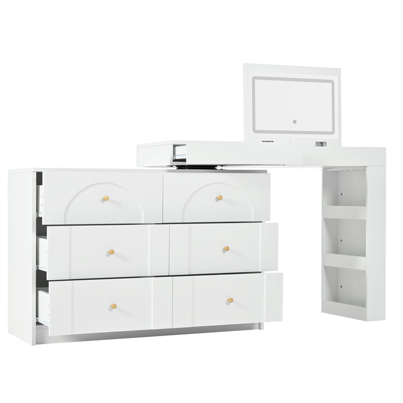 Coiffeuse ou bureau pivotant blanc avec 6 tiroirs, étagères ouvertes et miroir éclairage LED 105x40x80cm CARROIL