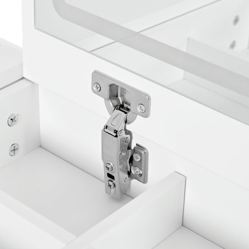 Coiffeuse ou bureau pivotant blanc avec 6 tiroirs, étagères ouvertes et miroir éclairage LED 105x40x80cm CARROIL