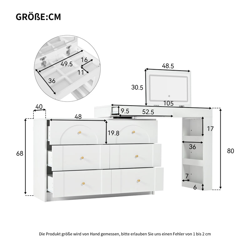 Coiffeuse ou bureau pivotant blanc avec 6 tiroirs, étagères ouvertes et miroir éclairage LED 105x40x80cm CARROIL