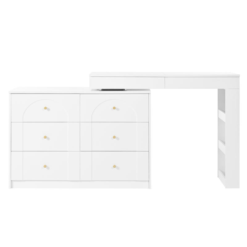 Coiffeuse ou bureau pivotant blanc avec 6 tiroirs, étagères ouvertes et miroir éclairage LED 105x40x80cm CARROIL