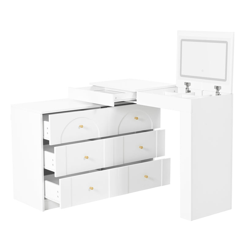 Coiffeuse ou bureau pivotant blanc avec 6 tiroirs, étagères ouvertes et miroir éclairage LED 105x40x80cm CARROIL