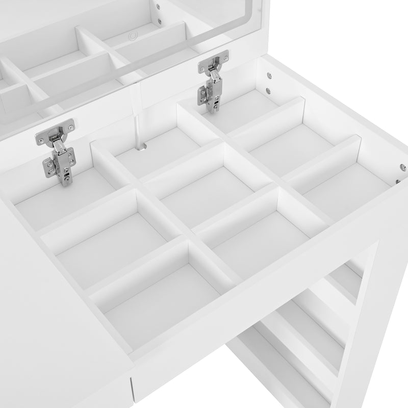 Coiffeuse ou bureau pivotant blanc avec 6 tiroirs, étagères ouvertes et miroir éclairage LED 105x40x80cm CARROIL