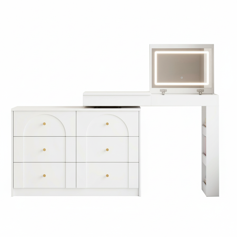 Coiffeuse ou bureau pivotant blanc avec 6 tiroirs, étagères ouvertes et miroir éclairage LED 105x40x80cm CARROIL