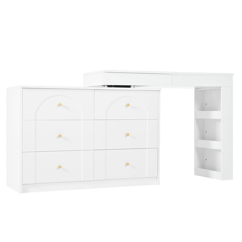 Coiffeuse ou bureau pivotant blanc avec 6 tiroirs, étagères ouvertes et miroir éclairage LED 105x40x80cm CARROIL