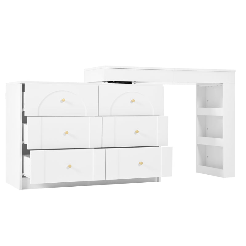 Coiffeuse ou bureau pivotant blanc avec 6 tiroirs, étagères ouvertes et miroir éclairage LED 105x40x80cm CARROIL