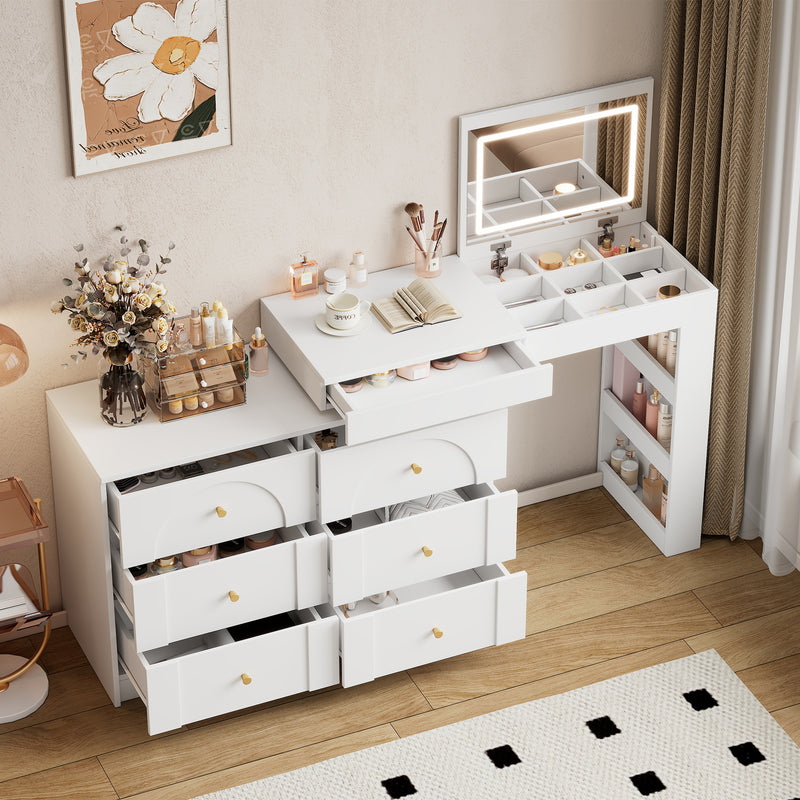 Coiffeuse ou bureau pivotant blanc avec 6 tiroirs, étagères ouvertes et miroir éclairage LED 105x40x80cm CARROIL