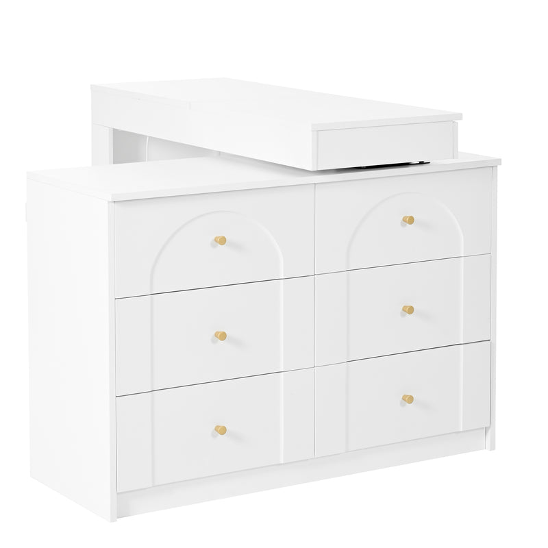 Coiffeuse ou bureau pivotant blanc avec 6 tiroirs, étagères ouvertes et miroir éclairage LED 105x40x80cm CARROIL