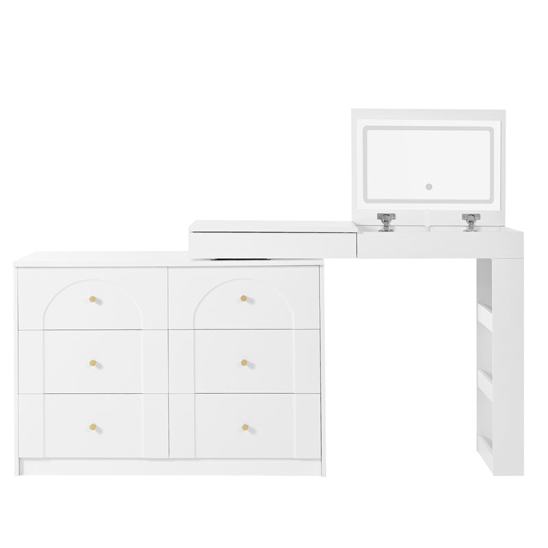 Coiffeuse ou bureau pivotant blanc avec 6 tiroirs, étagères ouvertes et miroir éclairage LED 105x40x80cm CARROIL