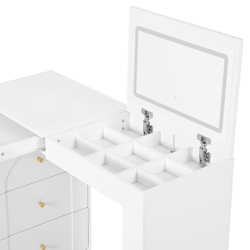 Coiffeuse ou bureau pivotant blanc avec 6 tiroirs, étagères ouvertes et miroir éclairage LED 105x40x80cm CARROIL