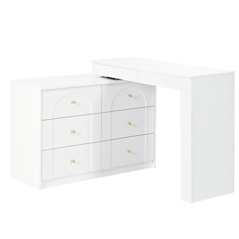 Coiffeuse ou bureau pivotant blanc avec 6 tiroirs, étagères ouvertes et miroir éclairage LED 105x40x80cm CARROIL