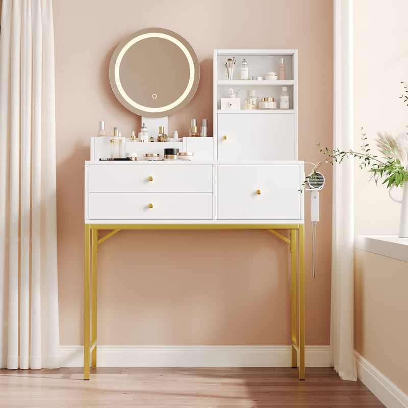 Coiffeuse blanche moderne avec miroir LED, prise recharge intégrée et pieds dorés CAS9