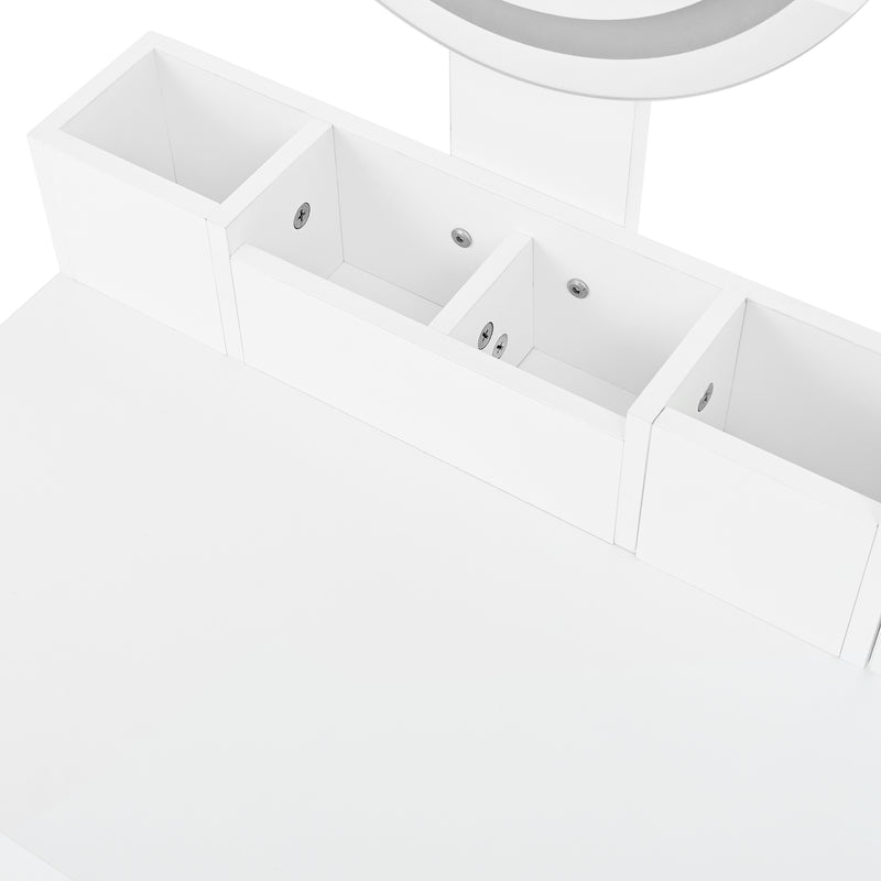 Coiffeuse blanche moderne avec miroir LED, prise recharge intégrée et pieds dorés CAS9