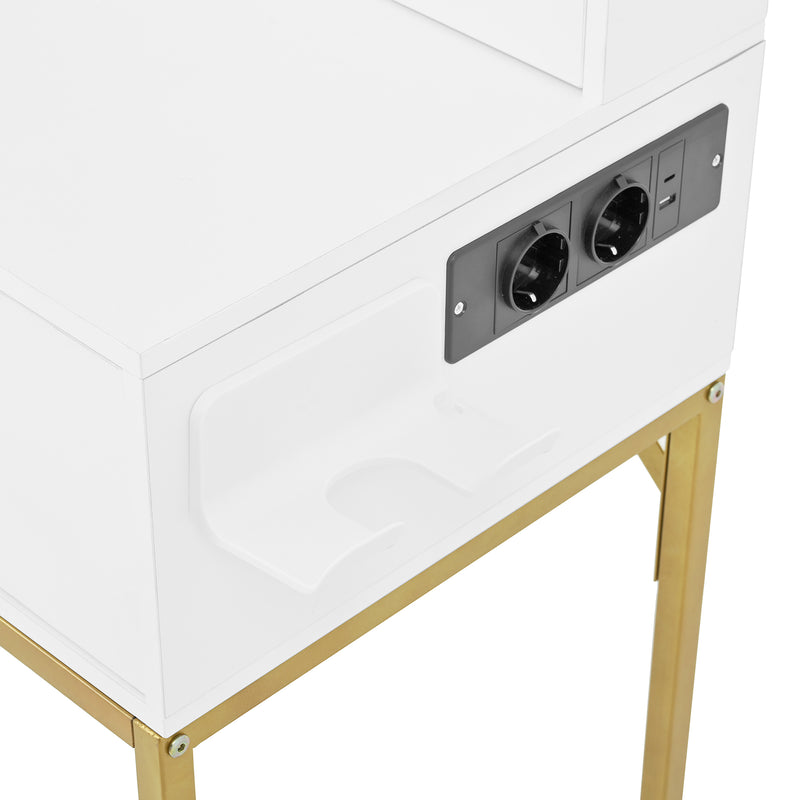 Coiffeuse blanche moderne avec miroir LED, prise recharge intégrée et pieds dorés CAS9