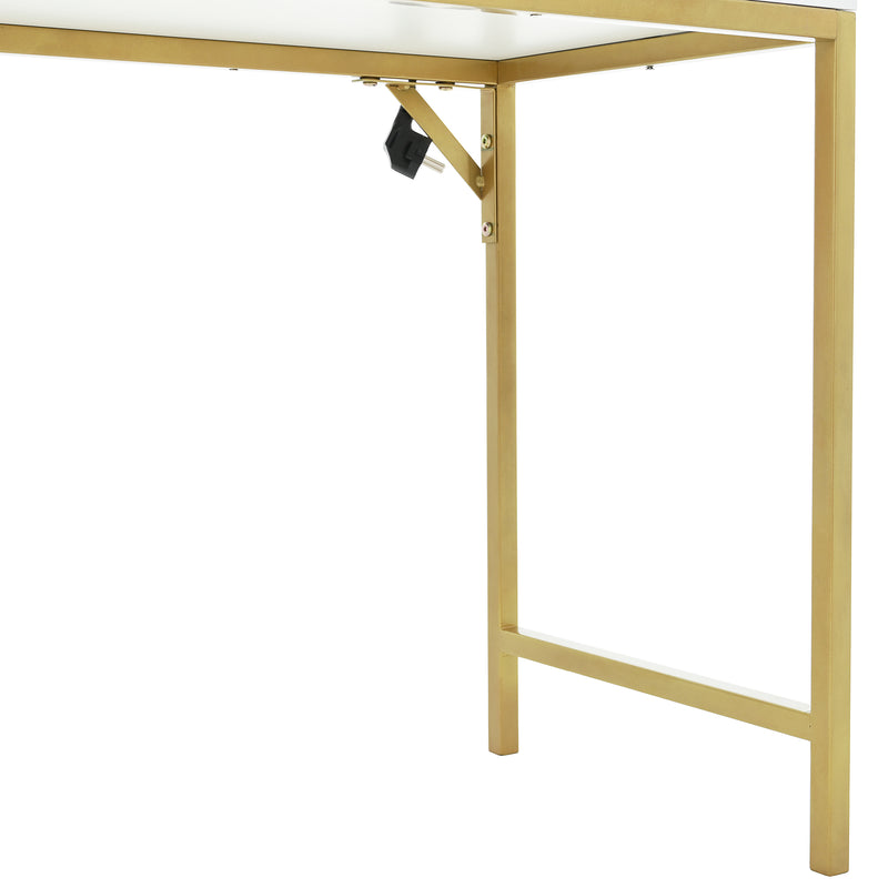 Coiffeuse blanche moderne avec miroir LED, prise recharge intégrée et pieds dorés CAS9