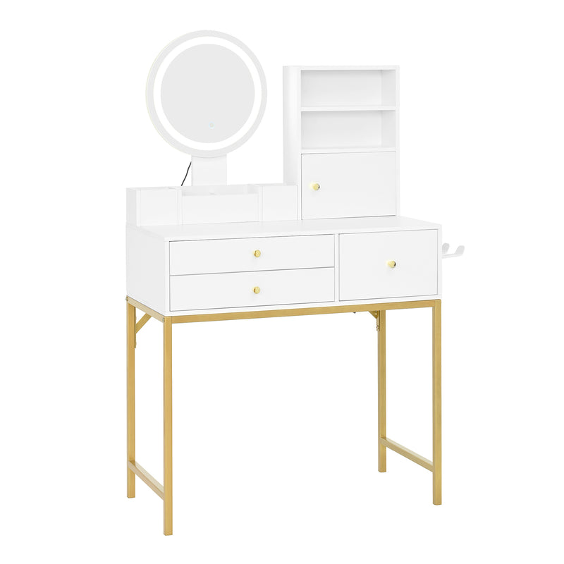 Coiffeuse blanche moderne avec miroir LED, prise recharge intégrée et pieds dorés CAS9