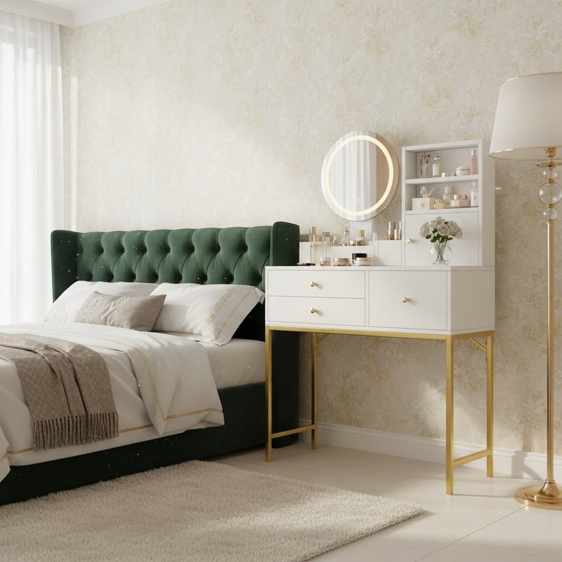 Coiffeuse blanche moderne avec miroir LED, prise recharge intégrée et pieds dorés CAS9