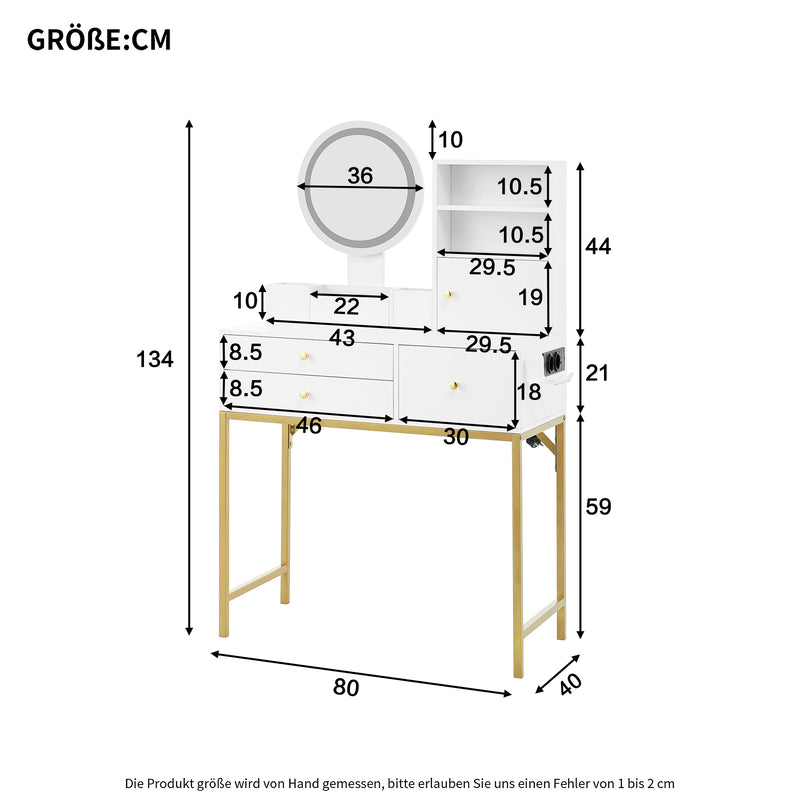 Coiffeuse blanche moderne avec miroir LED, prise recharge intégrée et pieds dorés CAS9