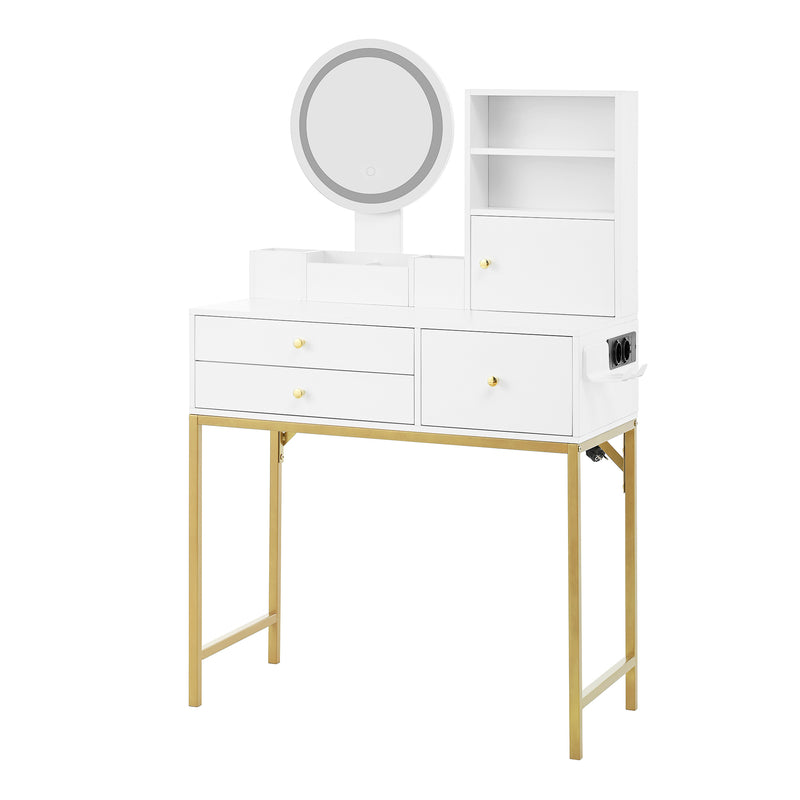 Coiffeuse blanche moderne avec miroir LED, prise recharge intégrée et pieds dorés CAS9