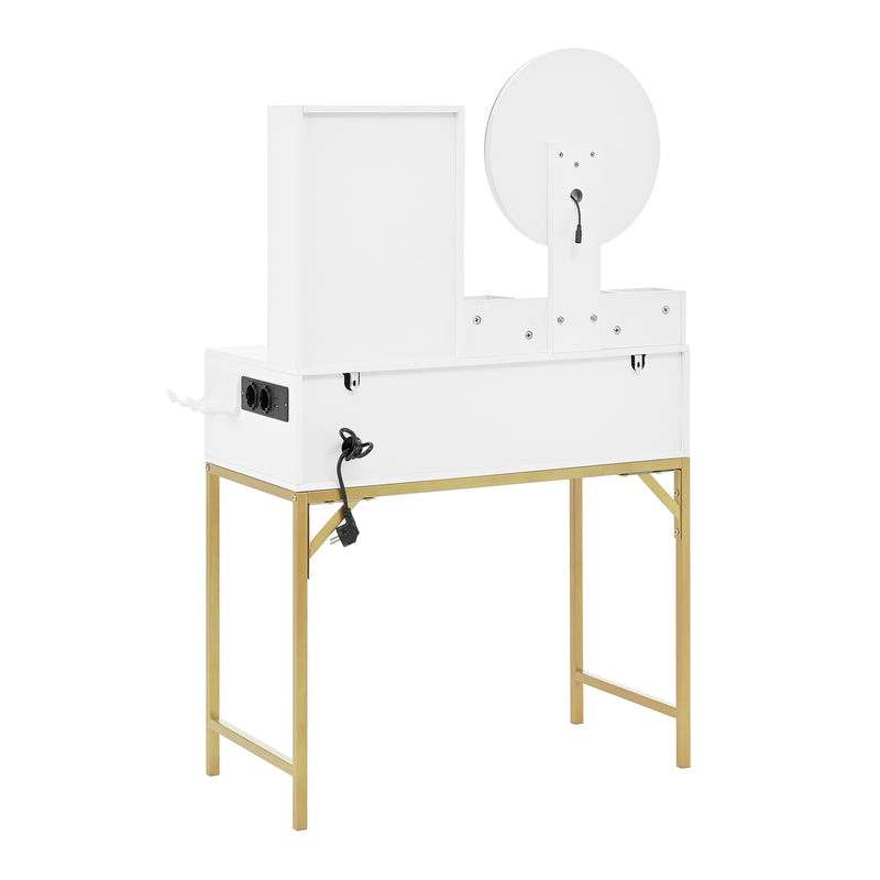 Coiffeuse blanche moderne avec miroir LED, prise recharge intégrée et pieds dorés CAS9