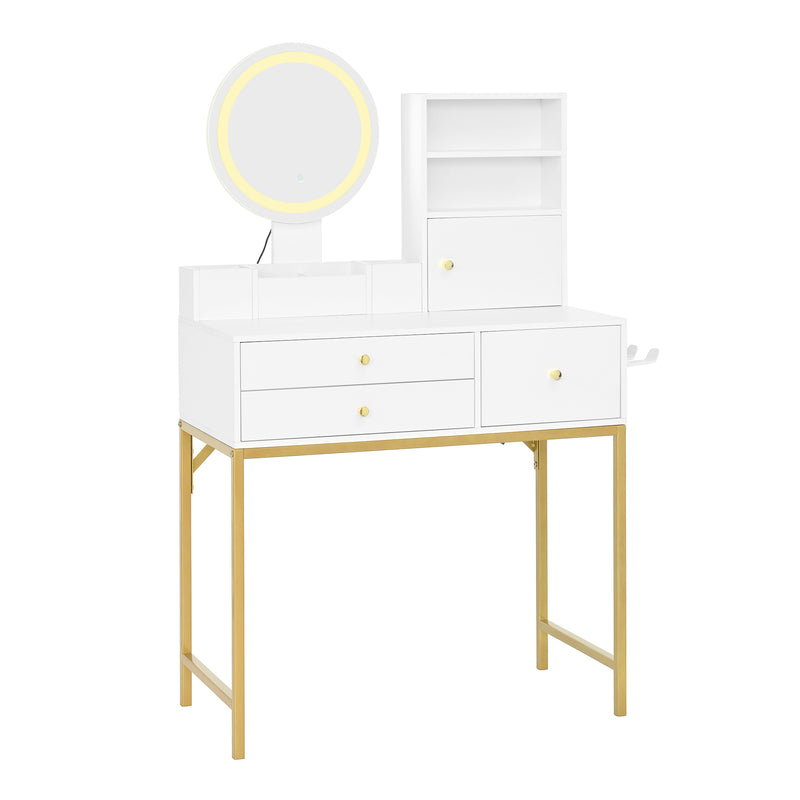 Coiffeuse blanche moderne avec miroir LED, prise recharge intégrée et pieds dorés CAS9