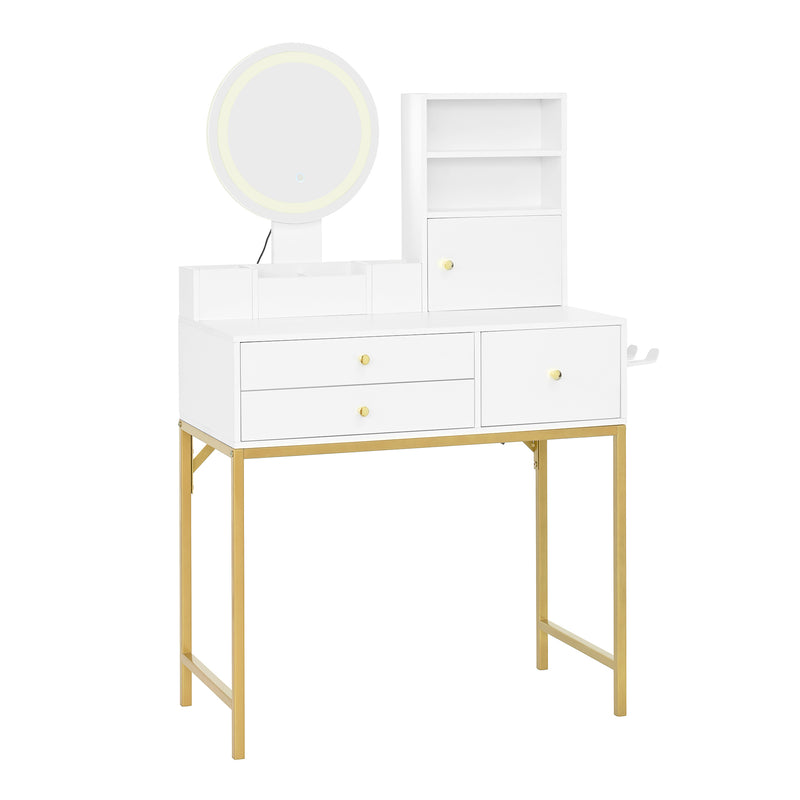 Coiffeuse blanche moderne avec miroir LED, prise recharge intégrée et pieds dorés CAS9