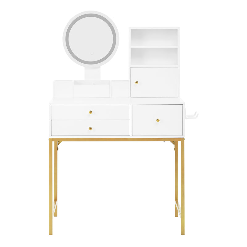 Coiffeuse blanche moderne avec miroir LED, prise recharge intégrée et pieds dorés CAS9