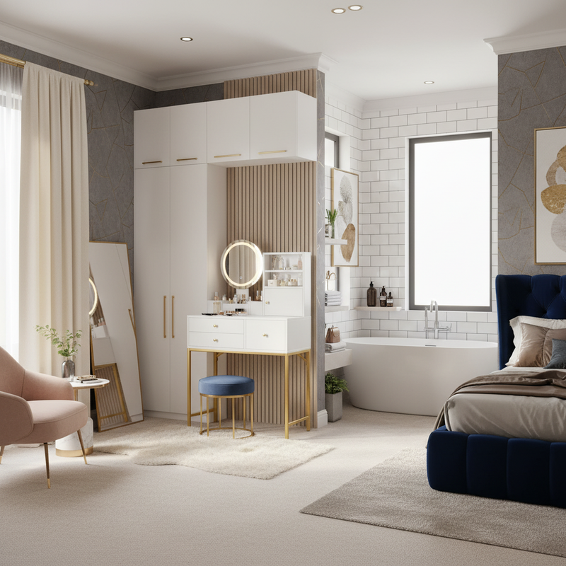 Coiffeuse blanche moderne avec miroir LED, prise recharge intégrée et pieds dorés CAS9