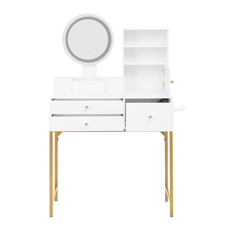 Coiffeuse blanche moderne avec miroir LED, prise recharge intégrée et pieds dorés CAS9