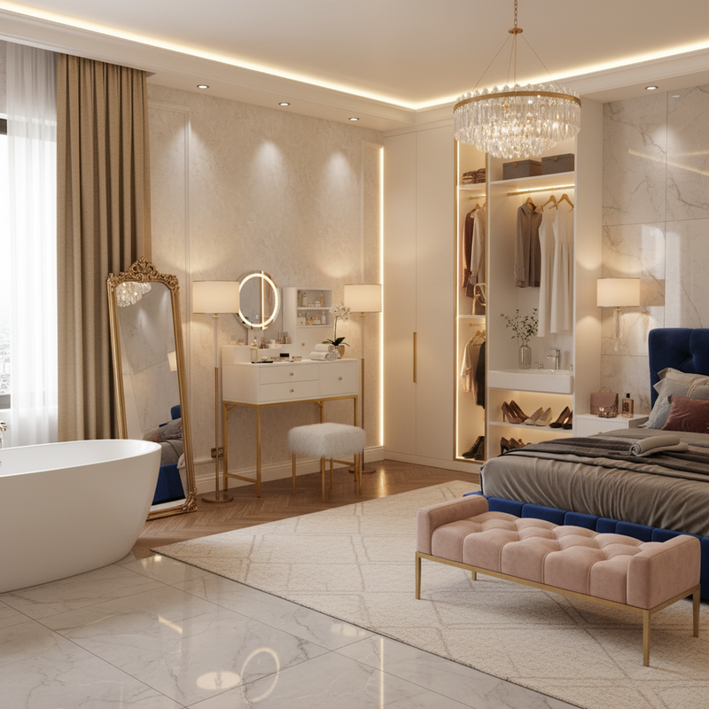 Coiffeuse blanche moderne avec miroir LED, prise recharge intégrée et pieds dorés CAS9