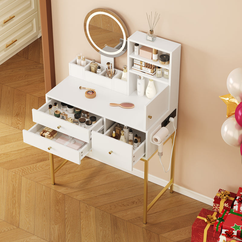 Coiffeuse blanche moderne avec miroir LED, prise recharge intégrée et pieds dorés CAS9