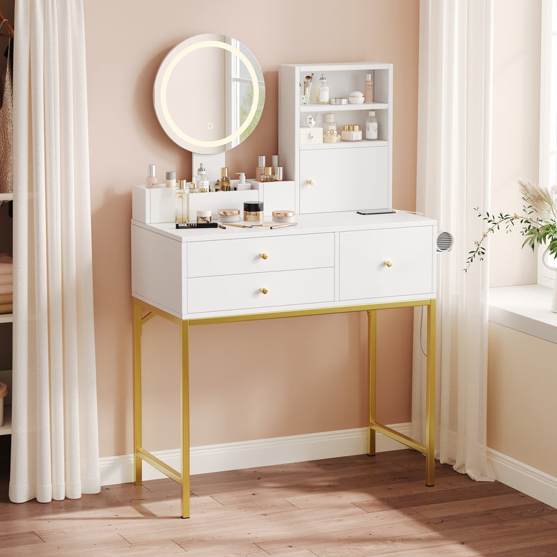 Coiffeuse blanche moderne avec miroir LED, prise recharge intégrée et pieds dorés CAS9