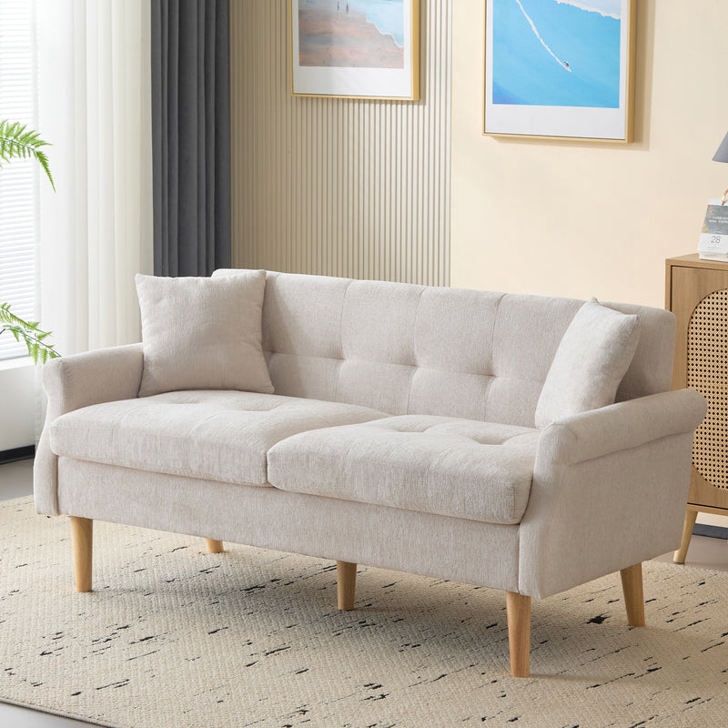 Canapé 2 places tissu chenille beige coussins épais pieds bois massif 162*74*77cm CATTAILBEND