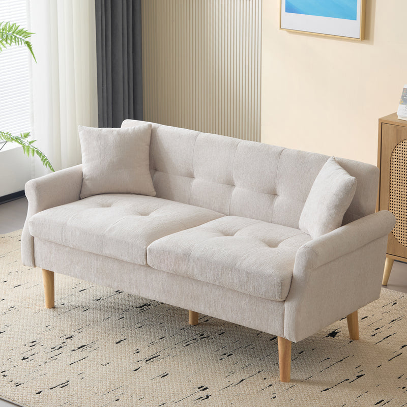 Canapé 2 places tissu chenille beige coussins épais pieds bois massif 162*74*77cm CATTAILBEND