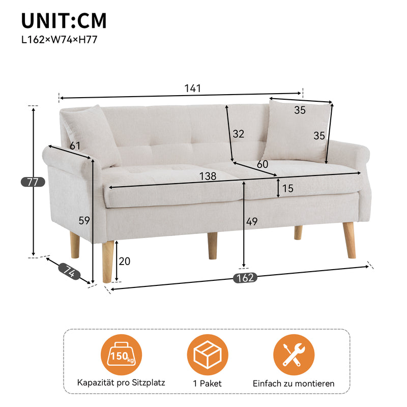 Canapé 2 places tissu chenille beige coussins épais pieds bois massif 162*74*77cm CATTAILBEND