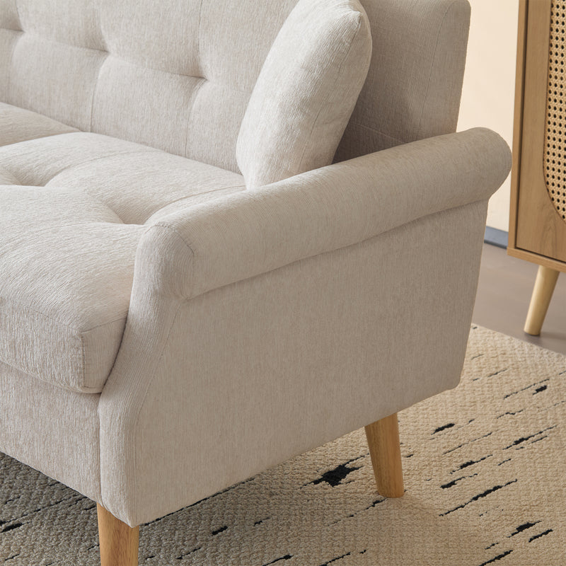 Canapé 2 places tissu chenille beige coussins épais pieds bois massif 162*74*77cm CATTAILBEND