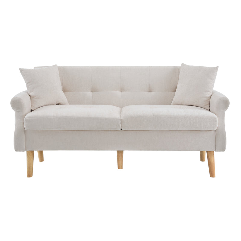 Canapé 2 places tissu chenille beige coussins épais pieds bois massif 162*74*77cm CATTAILBEND