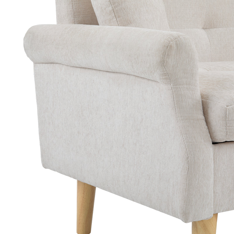 Canapé 2 places tissu chenille beige coussins épais pieds bois massif 162*74*77cm CATTAILBEND