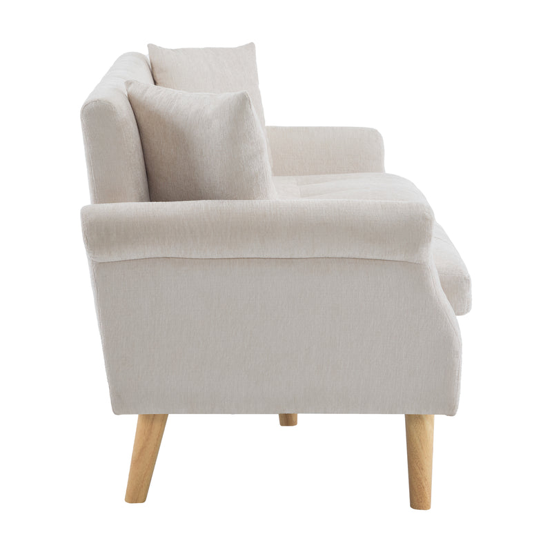 Canapé 2 places tissu chenille beige coussins épais pieds bois massif 162*74*77cm CATTAILBEND