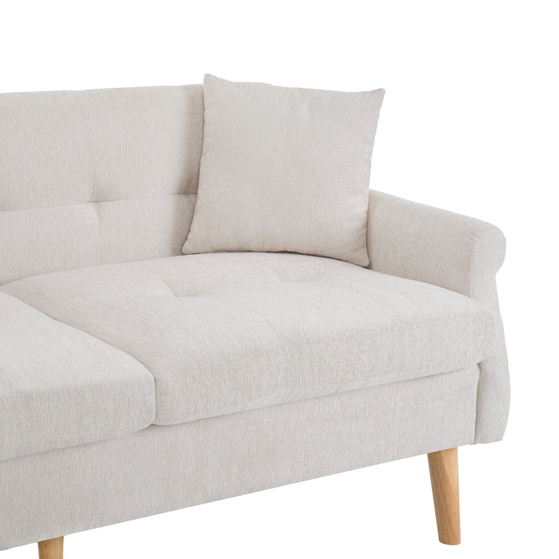 Canapé 2 places tissu chenille beige coussins épais pieds bois massif 162*74*77cm CATTAILBEND