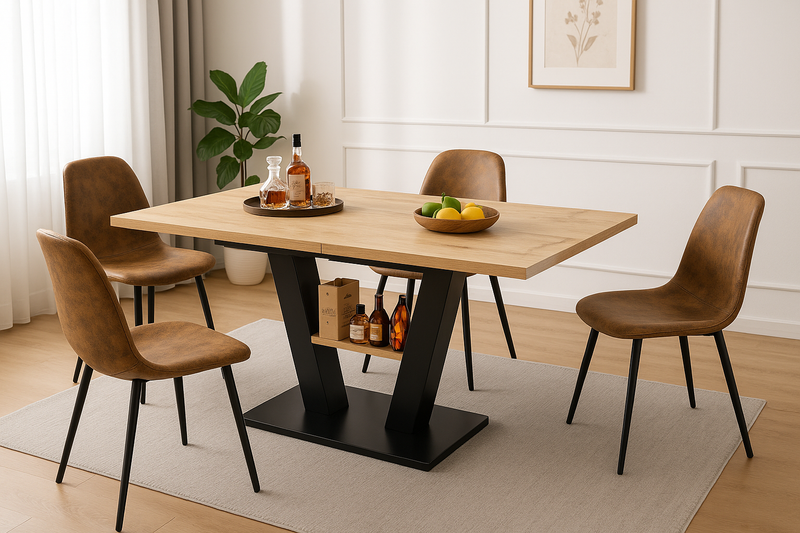 Ensemble table à manger extensible en effect bois clair (118-157) et 4 chaises vintage de style scandinave MURLID+CHARLTON SUEDE BROWN