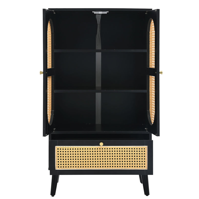 Buffet haut noir en rotin 2 portes et 1 tiroir 60*40*110.5 cm CHIDHOILL