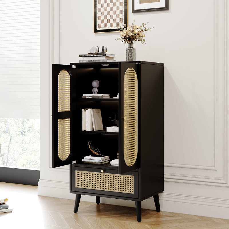 Buffet haut noir en rotin 2 portes et 1 tiroir 60*40*110.5 cm CHIDHOILL