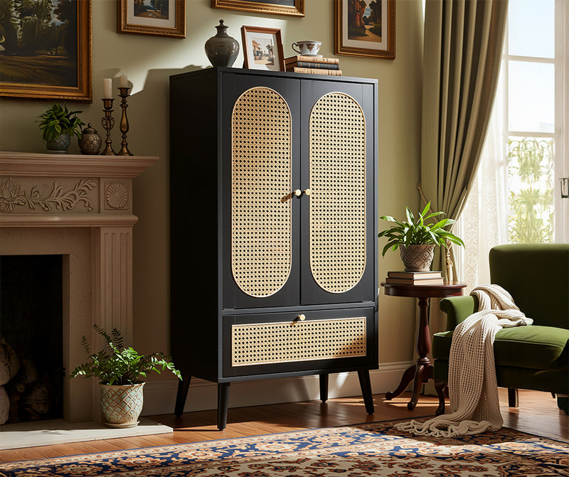 Buffet haut noir en rotin 2 portes et 1 tiroir 60*40*110.5 cm CHIDHOILL