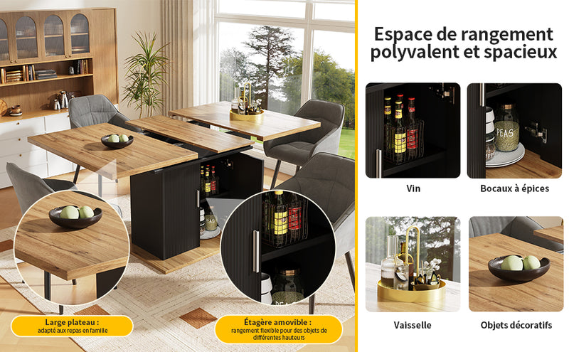 Table de salle à manger extensible effet bois avec espace de rangement noir 110-140*70cm  CHOCAS BLACK