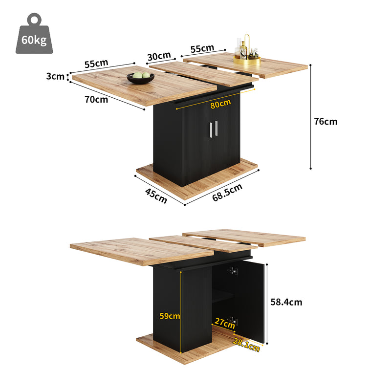 Table de salle à manger extensible effet bois avec espace de rangement noir 110-140*70cm  CHOCAS BLACK