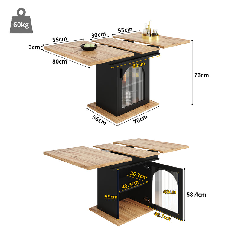 Table de salle à manger extensible effet bois avec espace de rangement noir et verre 110-140*70cm  CHOCAS BLACK GLASS