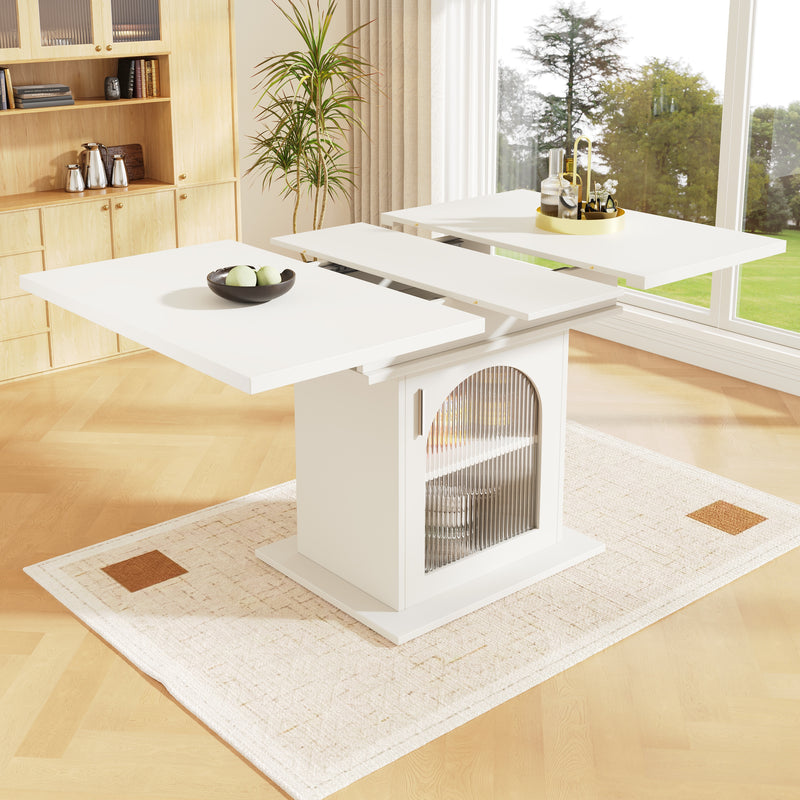 Table de salle à manger extensible blanche avec espace de rangement et verre 110-140*70cm  CHOCAS WHITE